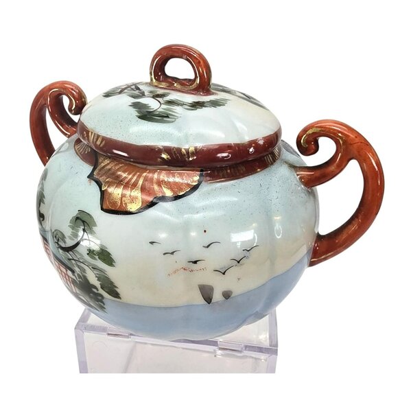 Vintage Japanese Sugar Bowl Hand-Painted Porcelain Lidded With Handles JE322 - Picture 3 of 8